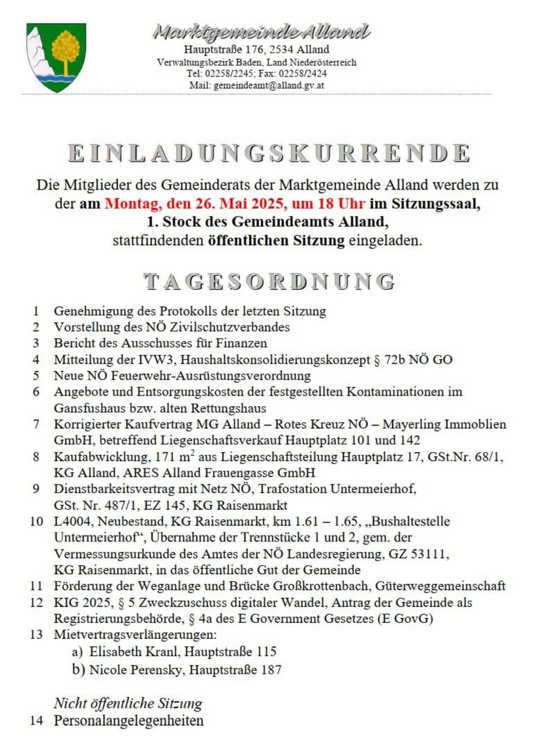 Zusammenfassung der Gemeinderatssitzung 26.5.2025